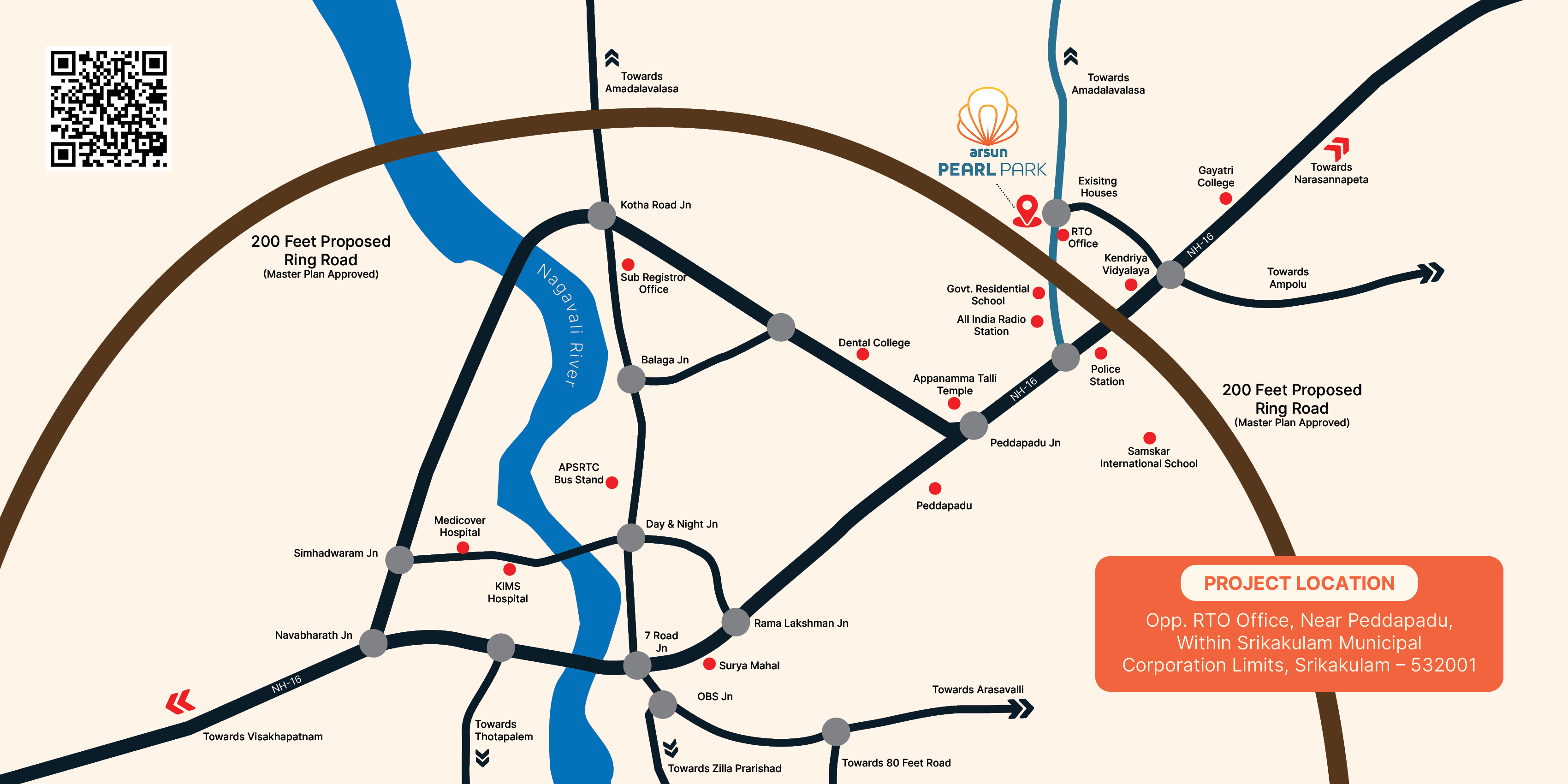 Arsun Pearl Park location map showing approach towards NH-16, Amadalavalasa and proposed ring road